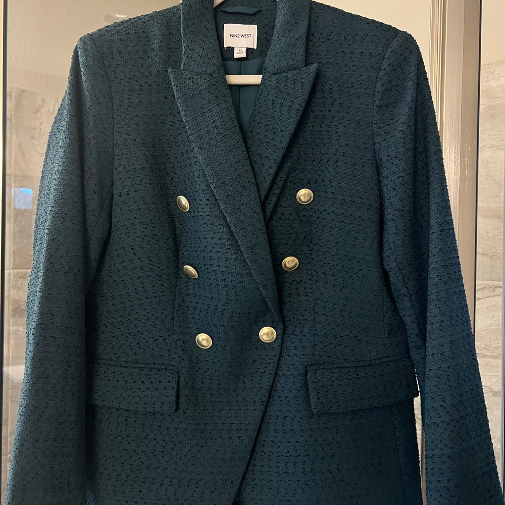 Nine West Green Double-Breasted Blazer with Gold Buttons Size M